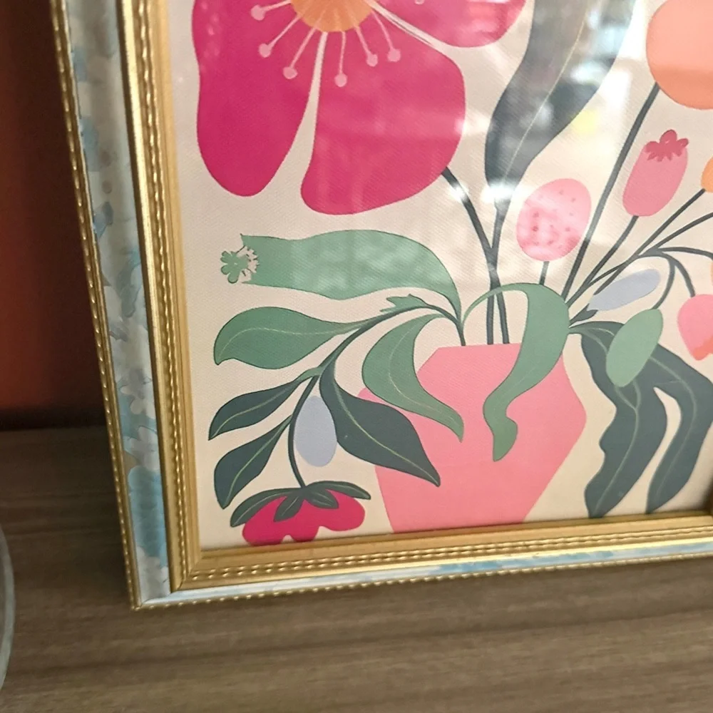 Retro Floral Colorful Flowers in Vase Canvas Art Print Blue Gold Framed Wall Art